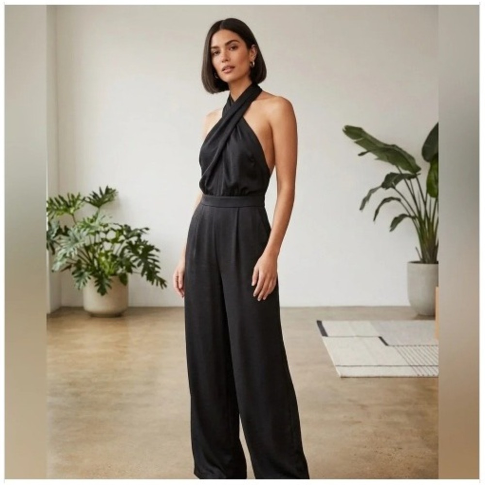 Do+Be Black High Neck Satin Sleeveless Wide Leg Jumpsuit S NWT